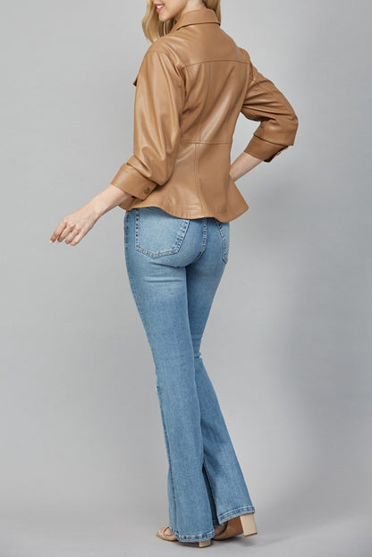 CAMEL CINCHED 3/4 SLEEVE PEPLUM FAUX LEATHER JACKET