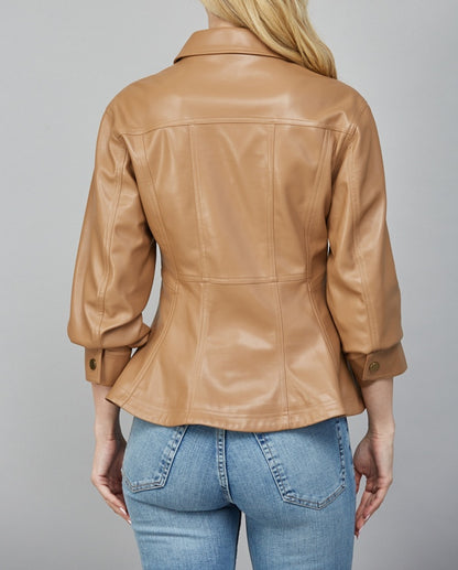 CAMEL CINCHED 3/4 SLEEVE PEPLUM FAUX LEATHER JACKET