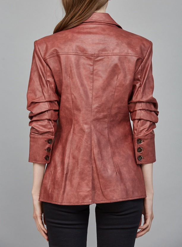 MAROON SCRUNCH SLEEVE FAUX LEATHER BLAZER
