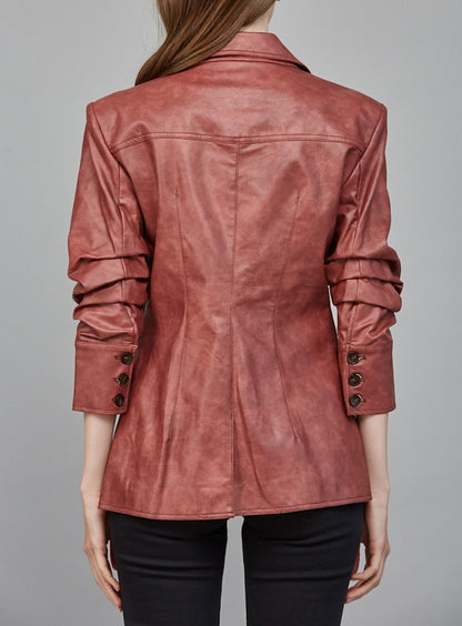 MAROON SCRUNCH SLEEVE FAUX LEATHER BLAZER