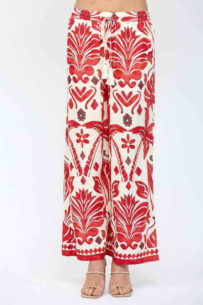 IVORY/RED GEO TROPICAL PRINT ELASTIC WAIST WIDE LEG LINEN BLEND PANTS