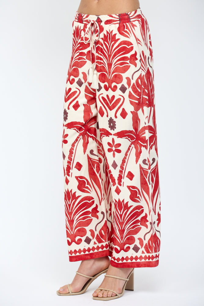 IVORY/RED GEO TROPICAL PRINT ELASTIC WAIST WIDE LEG LINEN BLEND PANTS
