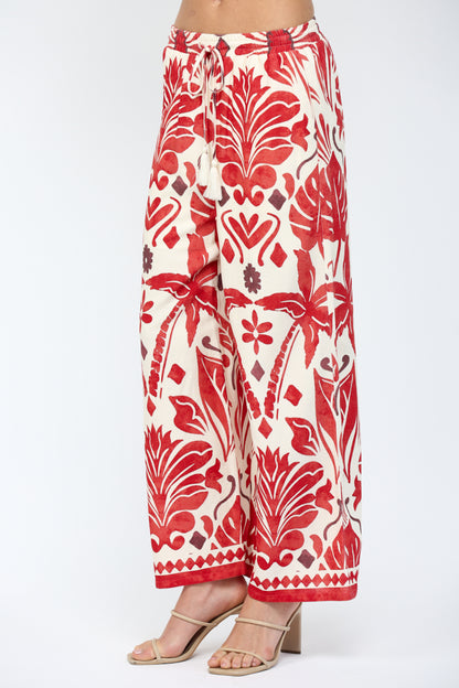 IVORY/RED GEO TROPICAL PRINT ELASTIC WAIST WIDE LEG LINEN BLEND PANTS