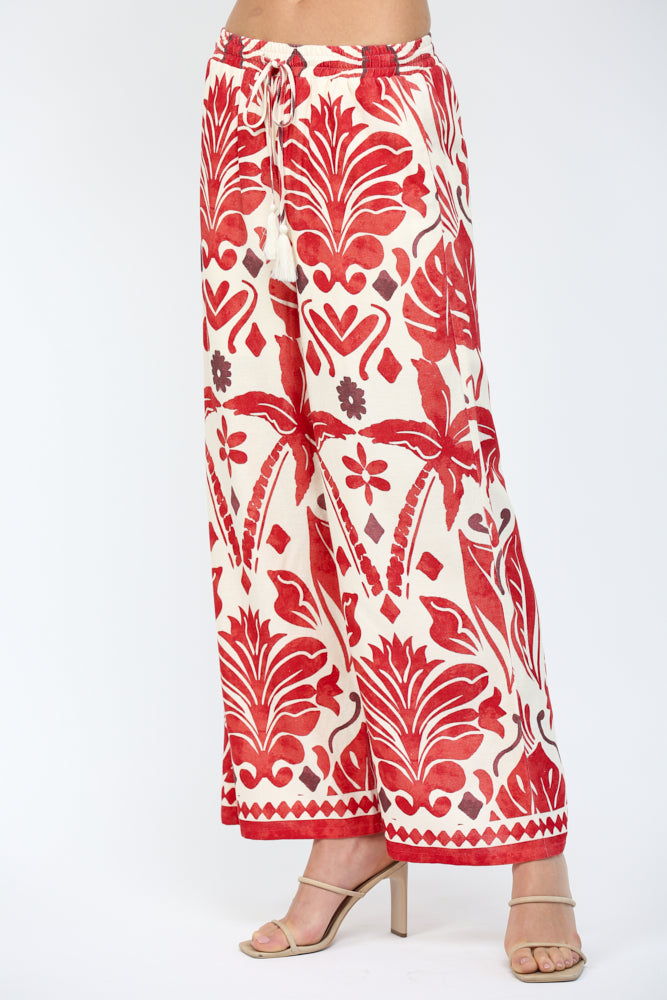 IVORY/RED GEO TROPICAL PRINT ELASTIC WAIST WIDE LEG LINEN BLEND PANTS