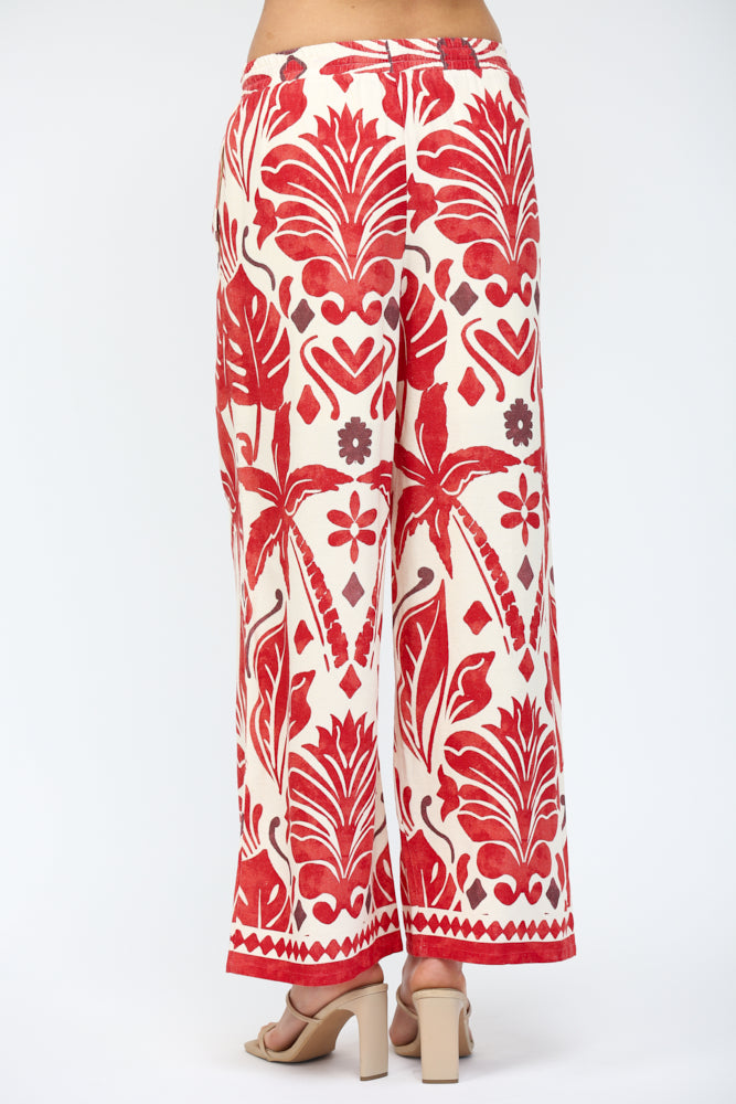 IVORY/RED GEO TROPICAL PRINT ELASTIC WAIST WIDE LEG LINEN BLEND PANTS