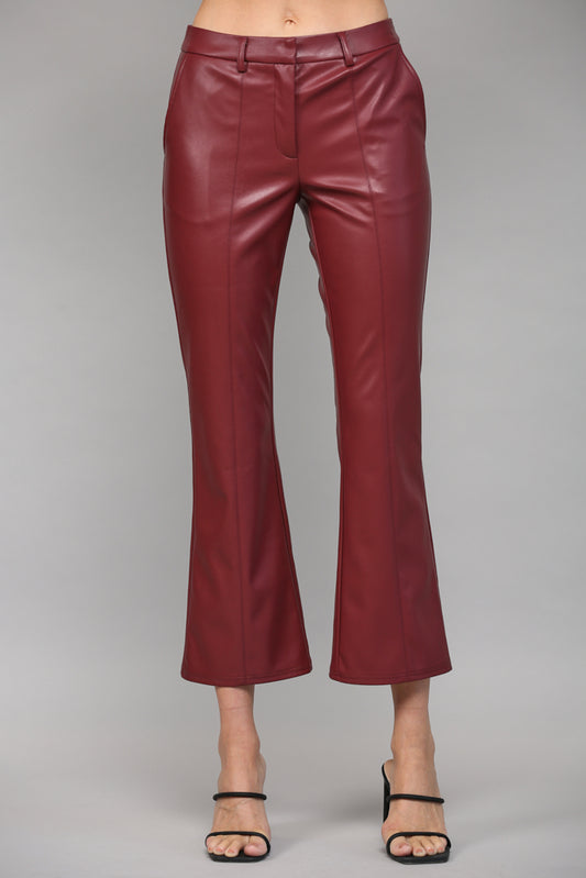 WINE FAUX LEATHER PINTUCK FLARE PANTS