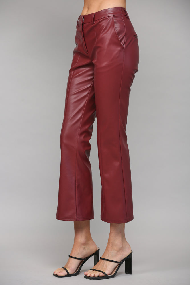 WINE FAUX LEATHER PINTUCK FLARE PANTS