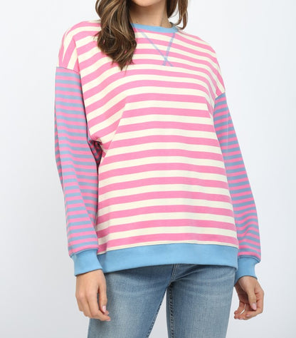 IVORY/PINK/BLUE CONTRAST RIBBED BAND COLOR-BLOCK STRIPED SWEATSHIRT