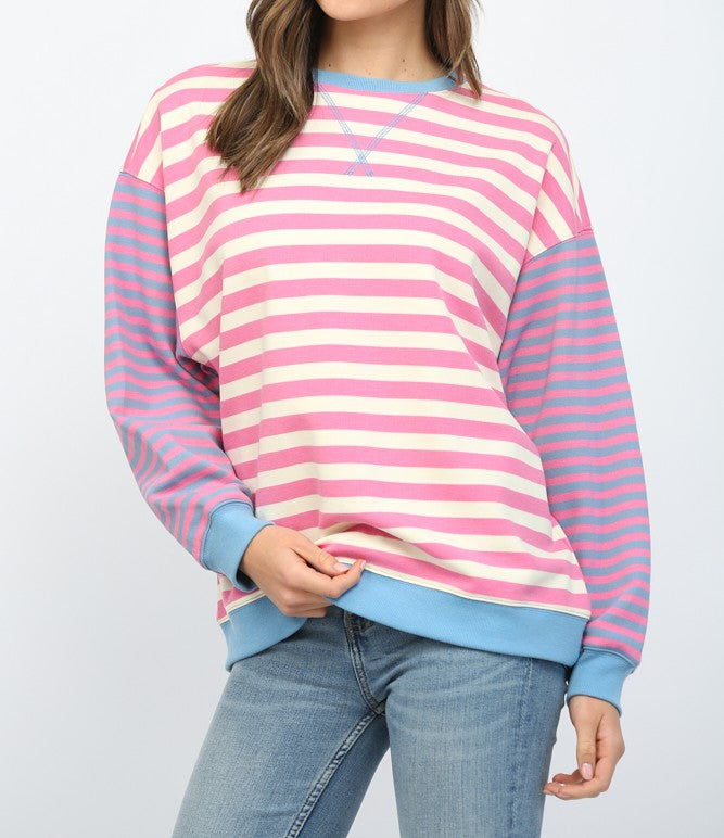 IVORY/PINK/BLUE CONTRAST RIBBED BAND COLOR-BLOCK STRIPED SWEATSHIRT