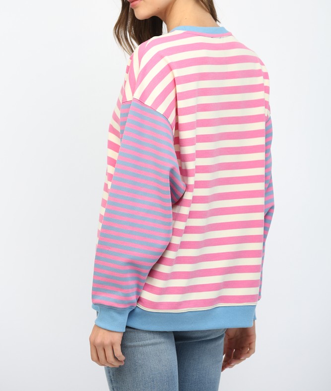 IVORY/PINK/BLUE CONTRAST RIBBED BAND COLOR-BLOCK STRIPED SWEATSHIRT