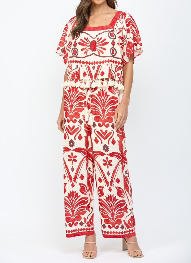 IVORY/RED GEO TROPICAL PRINT ELASTIC WAIST WIDE LEG LINEN BLEND PANTS