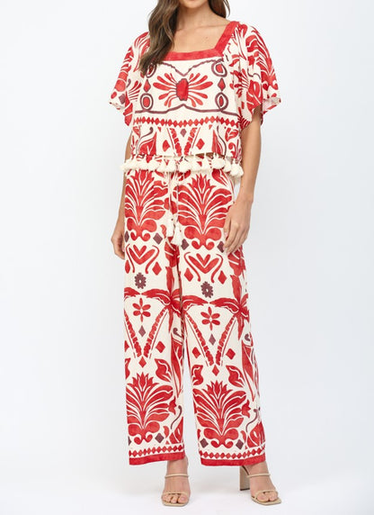 IVORY/RED GEO TROPICAL PRINT ELASTIC WAIST WIDE LEG LINEN BLEND PANTS