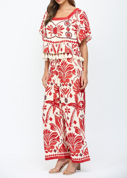 IVORY/RED GEO TROPICAL PRINT ELASTIC WAIST WIDE LEG LINEN BLEND PANTS