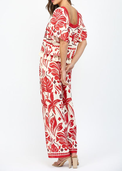 IVORY/RED GEO TROPICAL PRINT ELASTIC WAIST WIDE LEG LINEN BLEND PANTS