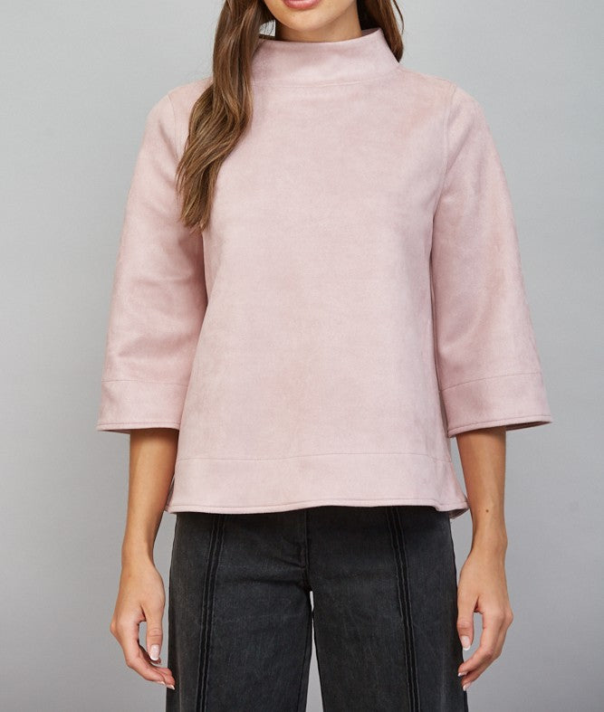 BLUSH FAUX SUEDE MOCK NECK 3/4 SLEEVE TOP