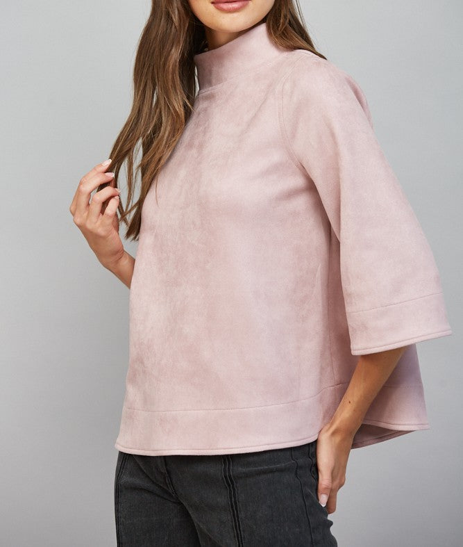 BLUSH FAUX SUEDE MOCK NECK 3/4 SLEEVE TOP