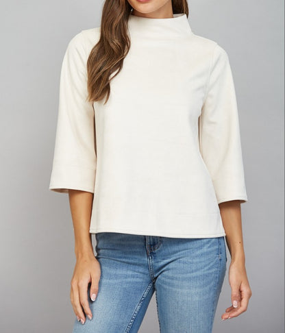 ECRU FAUX SUEDE MOCK NECK 3/4 SLEEVE TOP