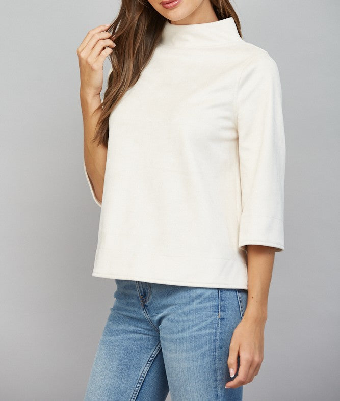 ECRU FAUX SUEDE MOCK NECK 3/4 SLEEVE TOP
