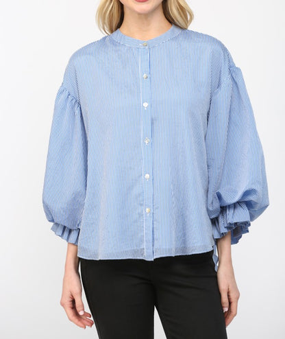 BLUE PINSTRIPE VOLUMINOUS BUBBLE SLEEVE BLOUSE