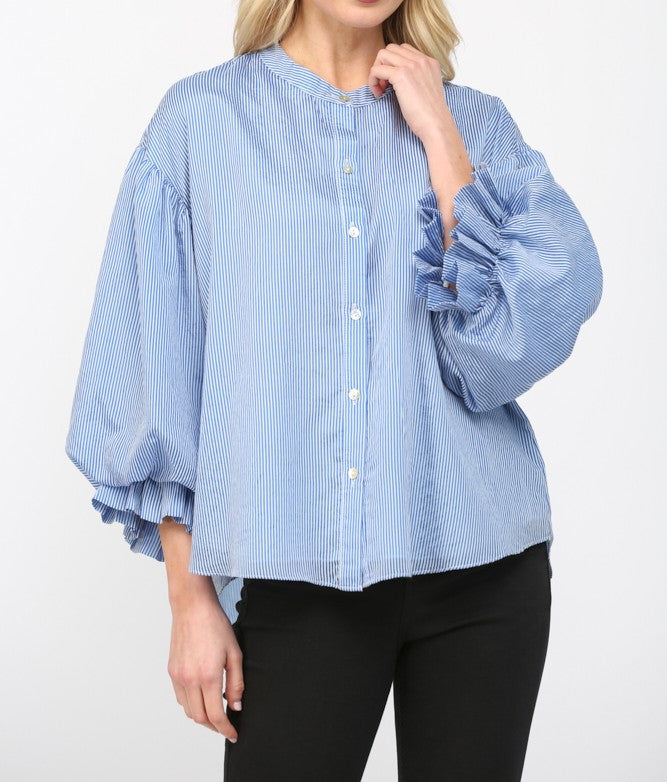 BLUE PINSTRIPE VOLUMINOUS BUBBLE SLEEVE BLOUSE