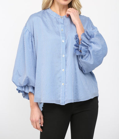 BLUE PINSTRIPE VOLUMINOUS BUBBLE SLEEVE BLOUSE