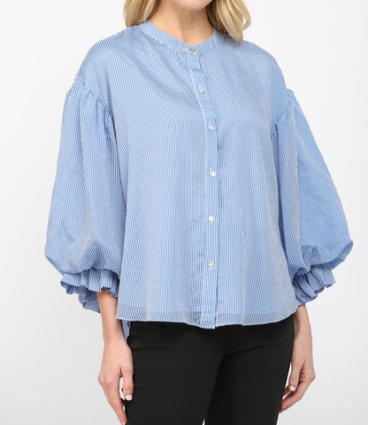 BLUE PINSTRIPE VOLUMINOUS BUBBLE SLEEVE BLOUSE