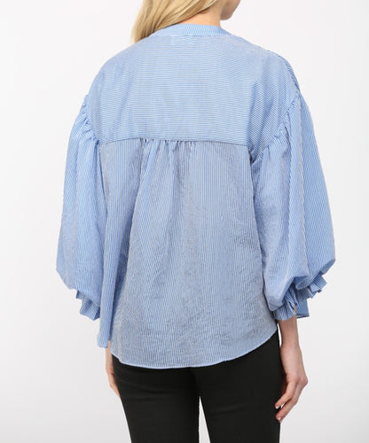 BLUE PINSTRIPE VOLUMINOUS BUBBLE SLEEVE BLOUSE