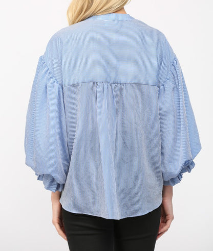 BLUE PINSTRIPE VOLUMINOUS BUBBLE SLEEVE BLOUSE