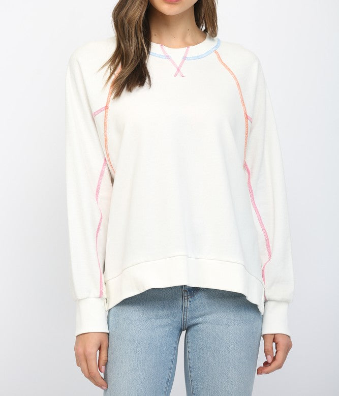 CREAM CONTRASTING COLOR STITCHING DETAIL RAGLAN SLEEVE SWEATSHIRT TOP