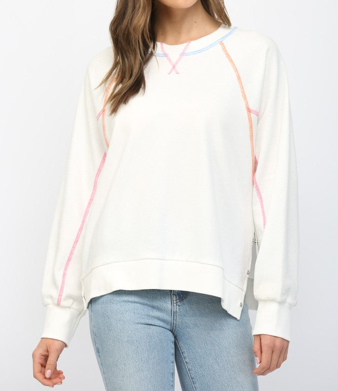 CREAM CONTRASTING COLOR STITCHING DETAIL RAGLAN SLEEVE SWEATSHIRT TOP