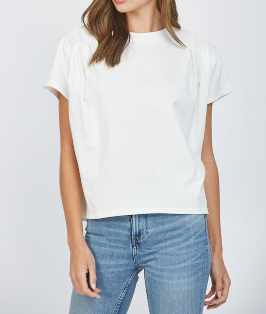OFF WHITE LACE BACK PINTUCK SHORT SLEEVE TOP