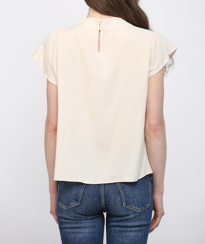 IVORY TENCEL BLEND HIGH COWL NECK SHORT CAP SLEEVE TOP