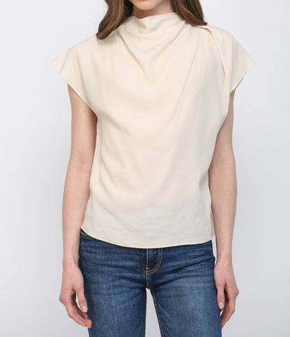 IVORY TENCEL BLEND HIGH COWL NECK SHORT CAP SLEEVE TOP
