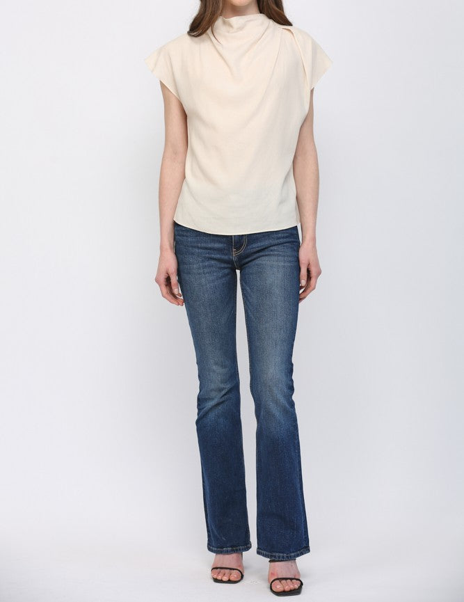 IVORY TENCEL BLEND HIGH COWL NECK SHORT CAP SLEEVE TOP