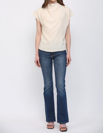 IVORY TENCEL BLEND HIGH COWL NECK SHORT CAP SLEEVE TOP