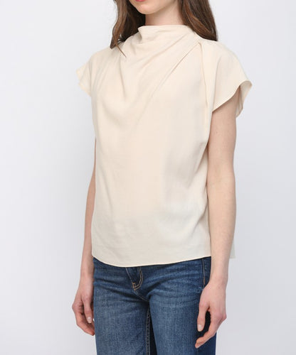 IVORY TENCEL BLEND HIGH COWL NECK SHORT CAP SLEEVE TOP