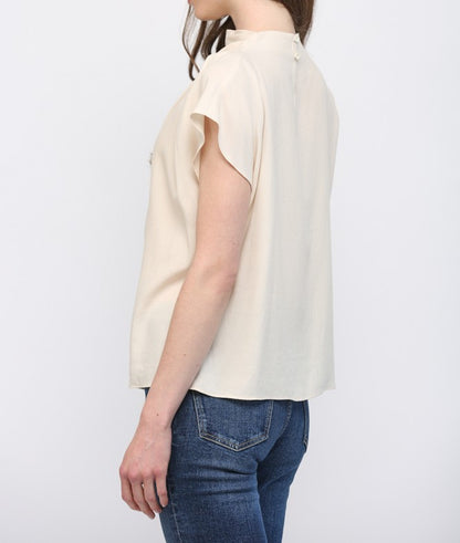IVORY TENCEL BLEND HIGH COWL NECK SHORT CAP SLEEVE TOP