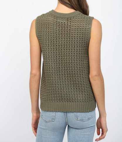 OLIVE CROCHET KNIT SLEEVELESS PULLOVER SWEATER