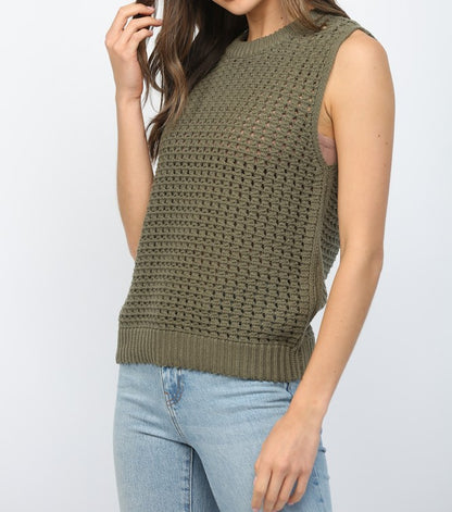 OLIVE CROCHET KNIT SLEEVELESS PULLOVER SWEATER