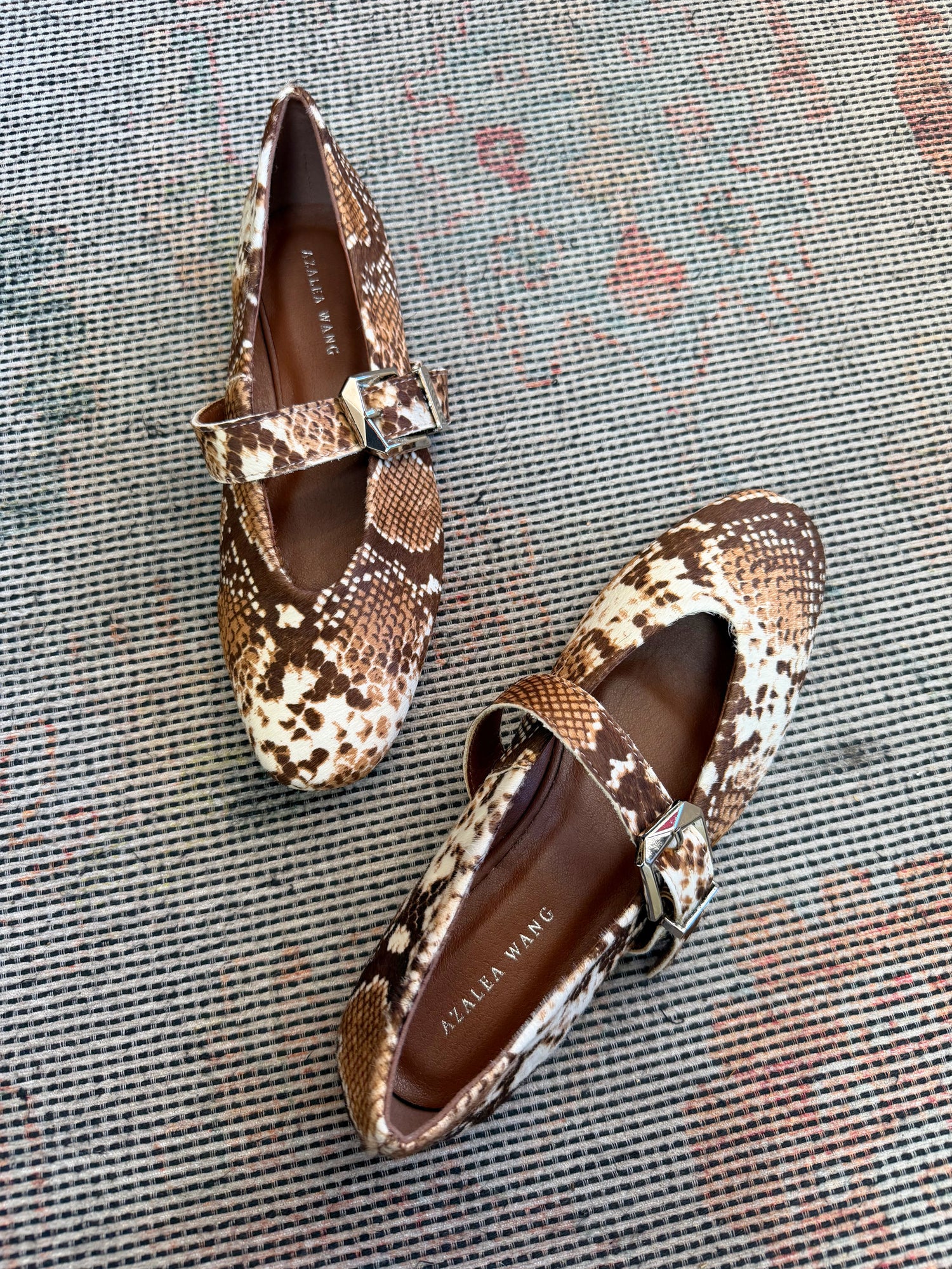 BROWN MULTI SNAKE PRINT TEXTURED HAIRCALF DANELLA MARY JANE FLAT