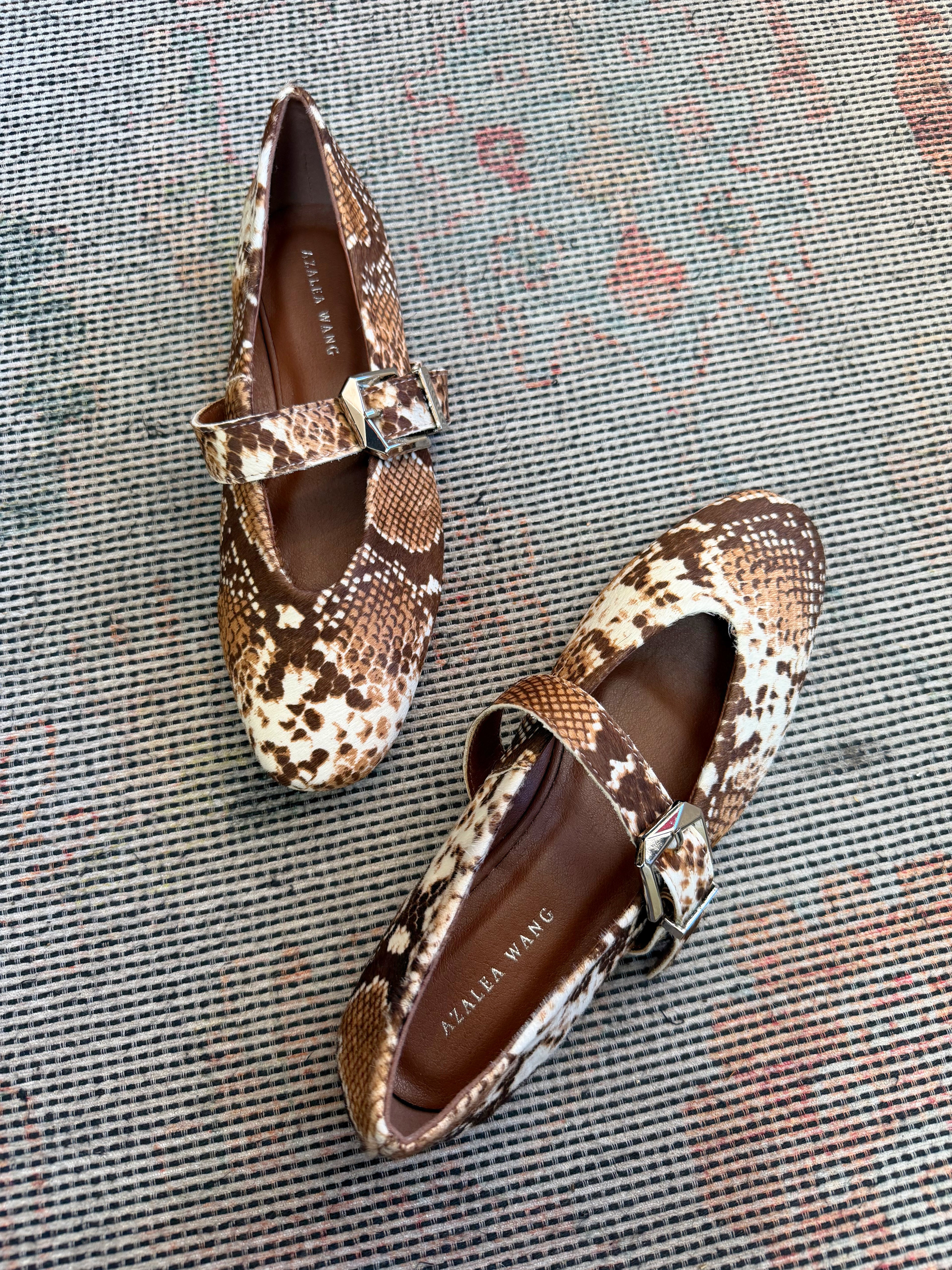 BROWN MULTI SNAKE PRINT TEXTURED HAIRCALF DANELLA MARY JANE FLAT
