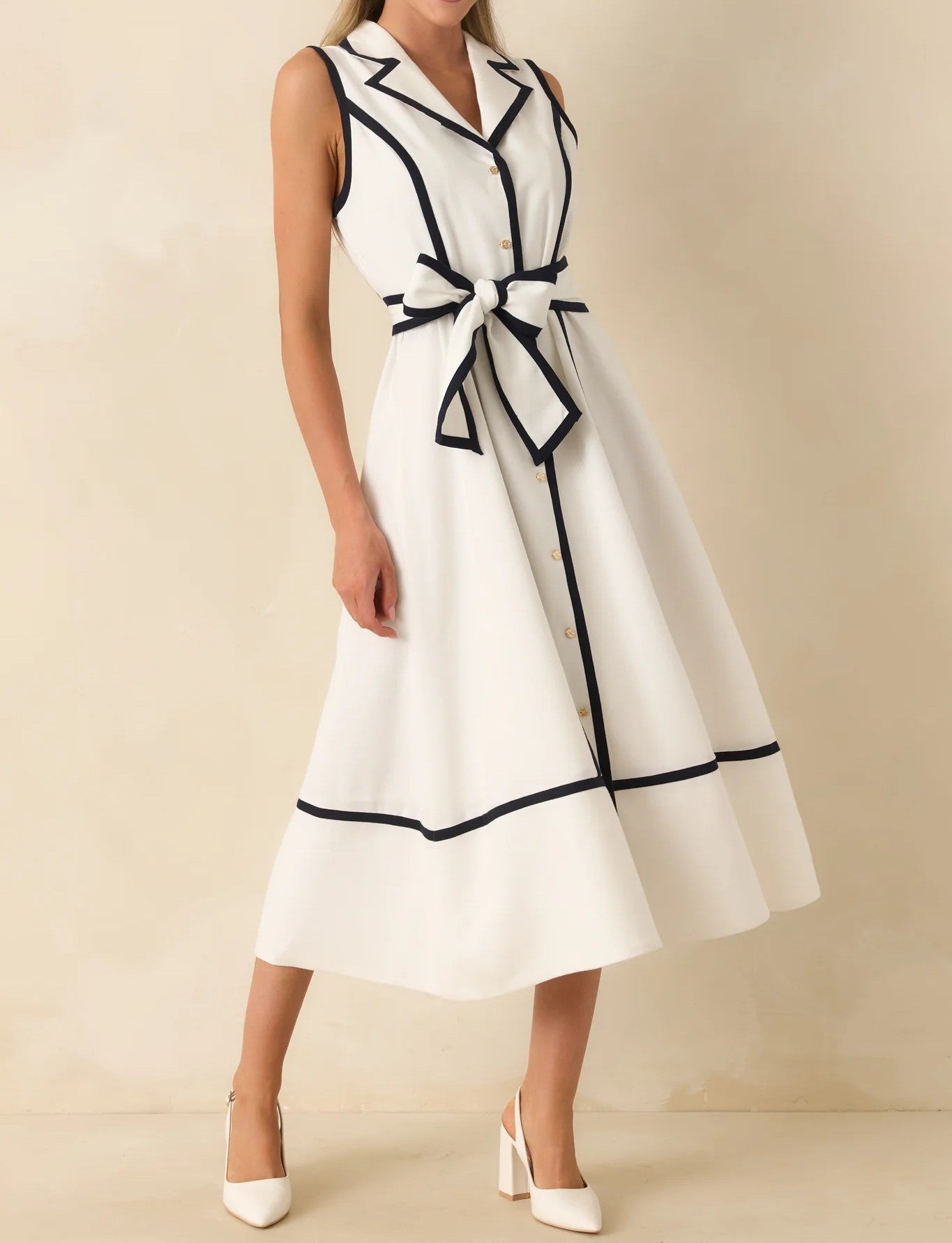 WHITE/NAVY CONTRAST LINEN BLEND SIMONNE MIDI DRESS