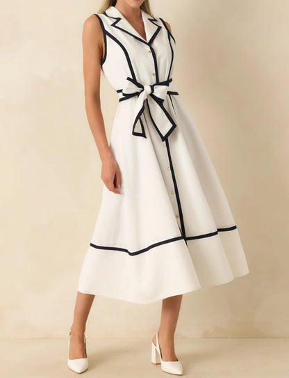 WHITE/NAVY CONTRAST LINEN BLEND SIMONNE MIDI DRESS