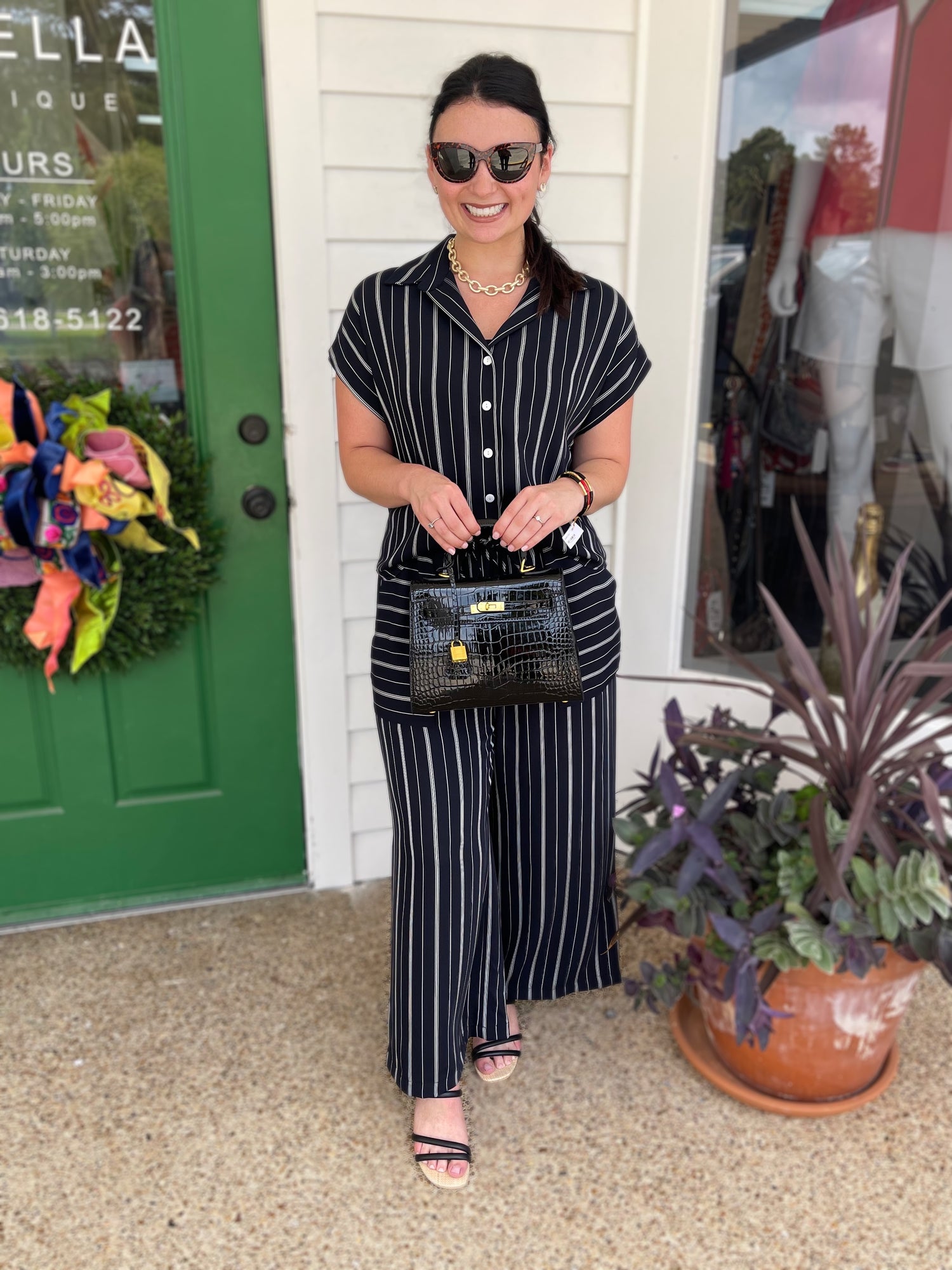BLACK STRIPED AMANDA CROPPED WIDE LEG PANTS