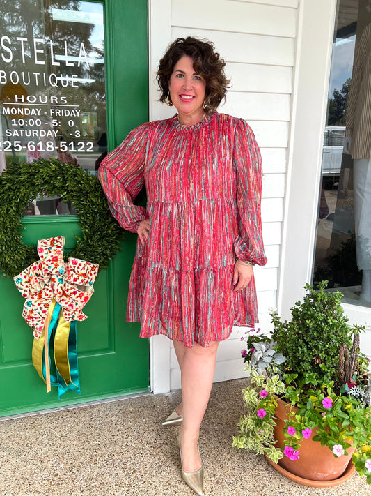 *EXTENDED SIZE* RED MULTICOLORED CHIFFON LONG SLEEVE DRESS