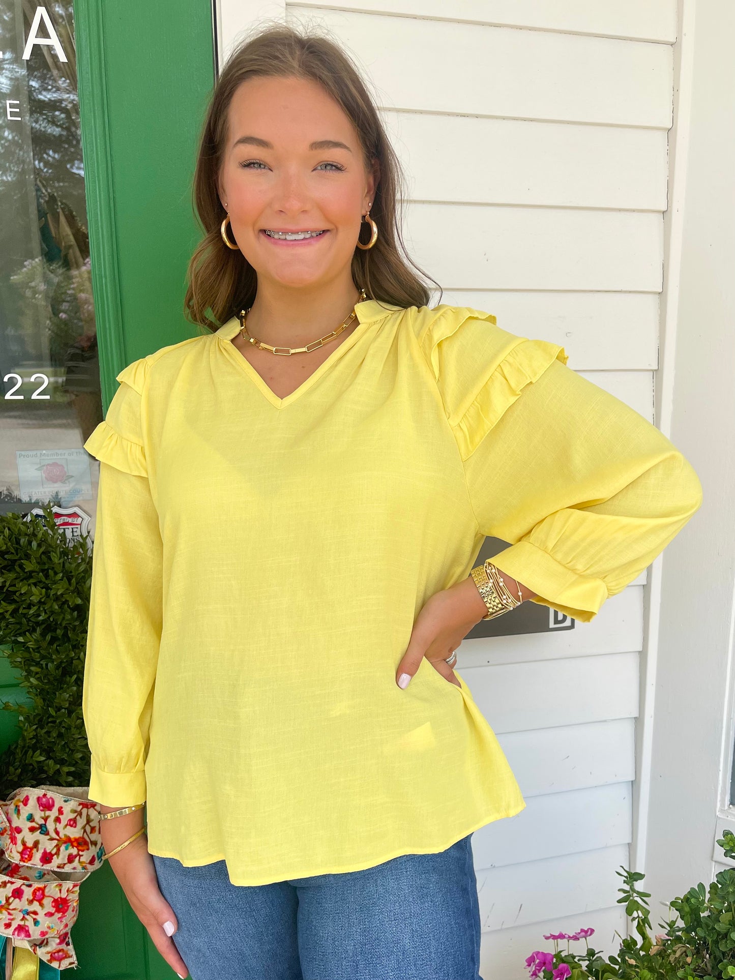 YELLOW 3/4 BALLOON SLEEVE VNECK TOP