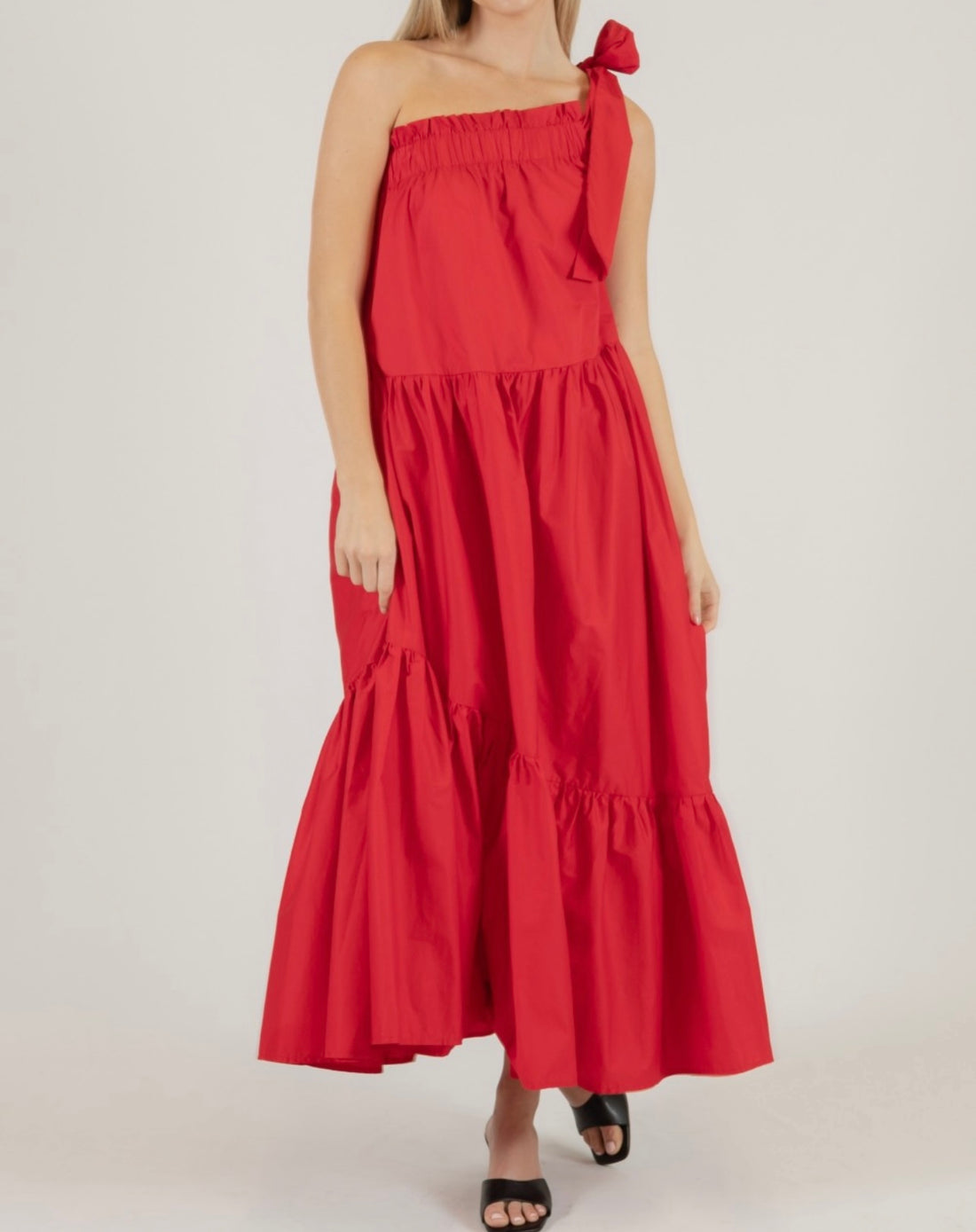RED ONE SHOULDER RUFFLE POPLIN MAXI DRESS