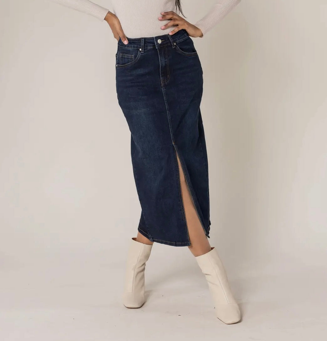 DENIM LONG SKIRT WITH FRONT SLIT