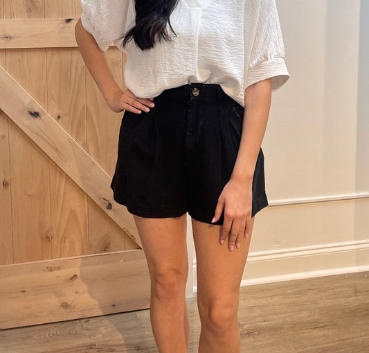 BLACK LINEN BLEND SHORTS