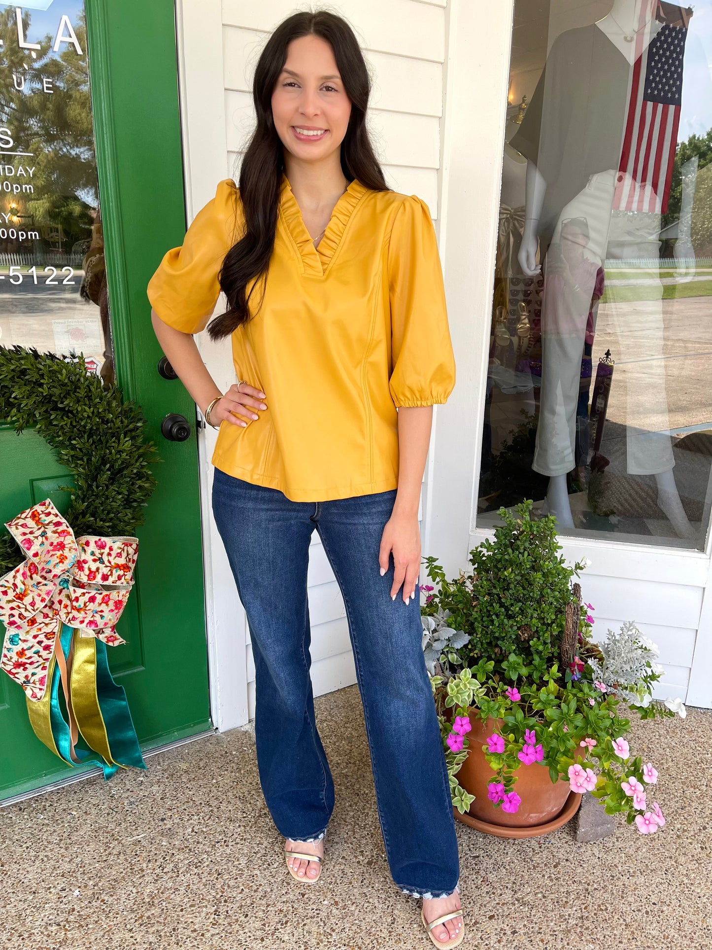 MUSTARD FAUX LEATHER RUFFLED VNECK PUFF SLEEVE TOP